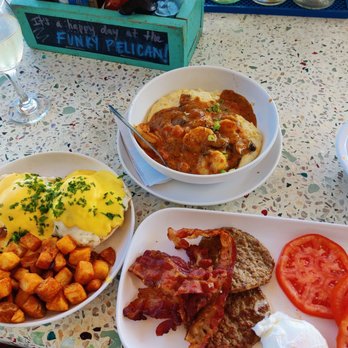 Funky Pelican - Eggs Benedict and shrimp and grits. - Seafood Near Me - Flagler Beach, Florida Funky Pelican - Eggs Benedict and shrimp and grits. - Seafood Near Me - Flagler Beach, Florida