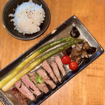 Ginza Sushi & Sake - gyu steak (not pictured: miso soup) (08/2026) - Sushi Bars Near Me - San Francisco, California