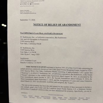 Sushimono - Notice of restaurant abandoning the property. - Japanese Near Me - Fair Oaks, California Sushimono - Notice of restaurant abandoning the property. - Japanese Near Me - Fair Oaks, California