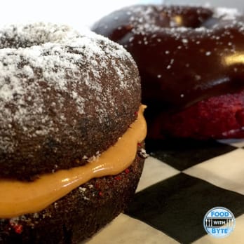 Broad Street Dough - Chocolate All American (front) & Chocolate dipped Red Velvet with a dusting of Sea Salt - Donuts Near Me - Oakhurst, New Jersey