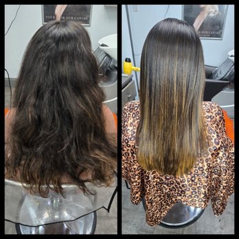 Brazilian Salon - My hair before and after. The after photo is after rinsing out the product and just blowdrying! (Not flat ironed!) - Hair Salons Near Me - Anaheim, California Brazilian Salon - My hair before and after. The after photo is after rinsing out the product and just blowdrying! (Not flat ironed!) - Hair Salons Near Me - Anaheim, California