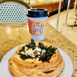 Savory croissant with my small cup banana hot chocolate