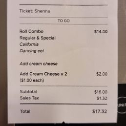 Cost for two rolls with add-ons - $17 Cost for two rolls with add-ons - $17