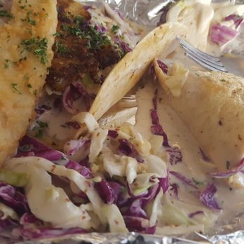 Valdos Seafood House - My grilled fish taco drenched in some watery sauce - Mexican Near Me - El Lago, Texas