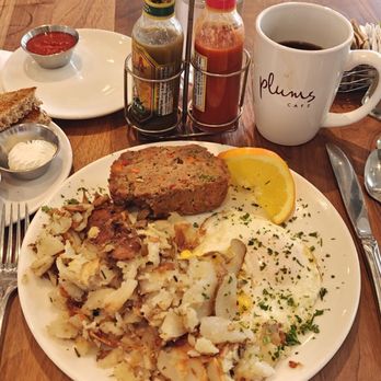 Plums Cafe - Eggs any style with meatloaf - Breakfast & Brunch Near Me - Costa Mesa, California Plums Cafe - Eggs any style with meatloaf - Breakfast & Brunch Near Me - Costa Mesa, California