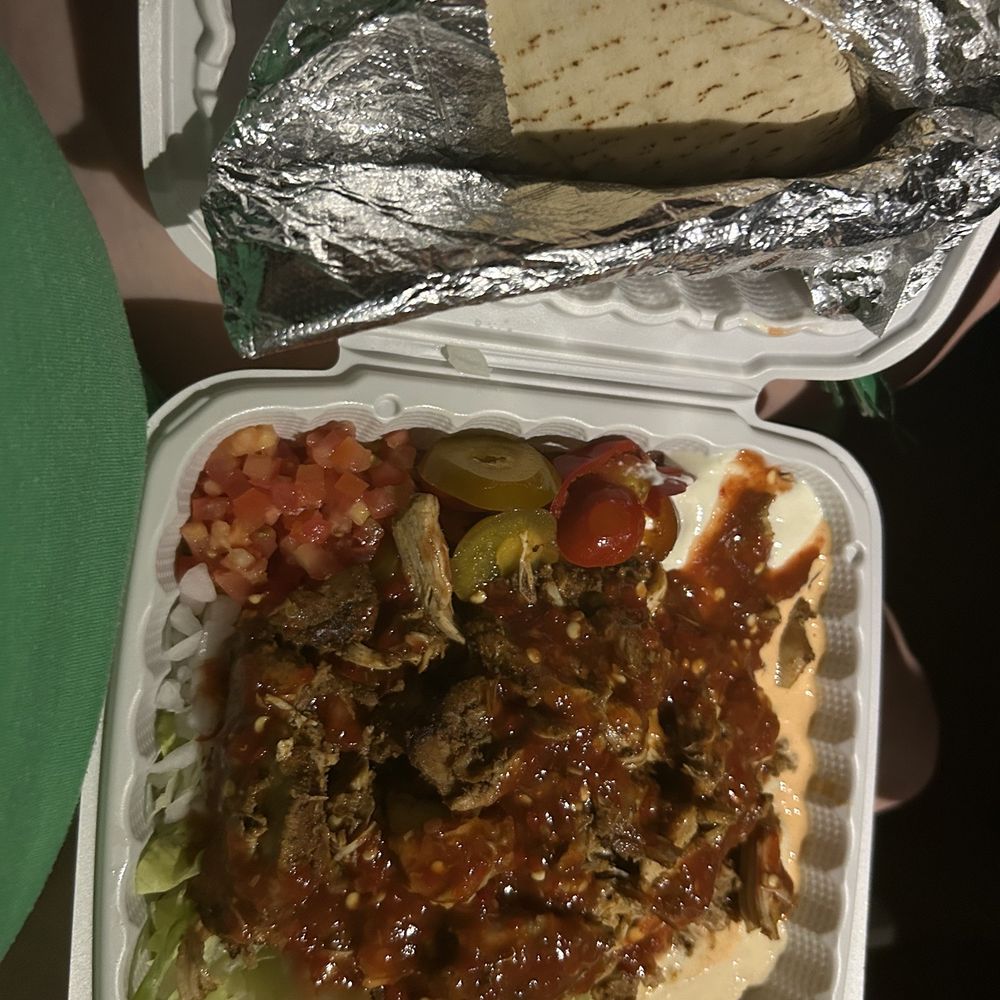 Shawarma Paradise - Chicken Platter (Halal) with 3 sauces, lettuce, tomato, onions, plus hot sauce and jalapenos - Mediterranean Near Me - Tempe, Arizona