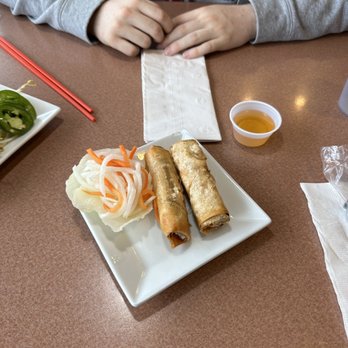 Pho Pasteur 3 - egg rolls - A white square plate holds two spring rolls and a small portion of pickled vegetables, with a cup of dipping sauce nearby on a brown table. - Vietnamese Near Me - Lancaster, Pennsylvania