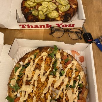 Pie Sci Pizza - vegan Nacho Mamma (Small) & regular Pickle Rick (Small) - Pizza Near Me - Detroit, Michigan Pie Sci Pizza - vegan Nacho Mamma (Small) & regular Pickle Rick (Small) - Pizza Near Me - Detroit, Michigan