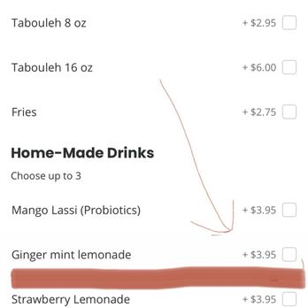Kabob Korner - The original price of the mint ginger lemonade - Mediterranean Near Me - Katy, Texas