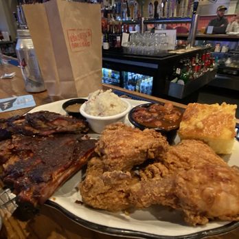 Firefly's BBQ - Combo plate for meats with barbecue ribs and fried chicken cornbread included with two sides, mac & cheese, and baked beans - Barbeque Near Me - Marlborough, Massachusetts