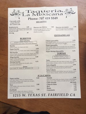 Menu photo 8 Taqueria La Mexicana Fairfield, CA