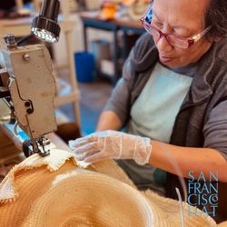 San Francisco Hat - Stella hard at work stitching the brim of our popular Riverz Utah.