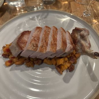 The Trattoria - Pork Chop with Sweet Potato & Bacon Hash (Red Pepper Sauce on side - not in picture) - Italian Near Me - St James, New York
