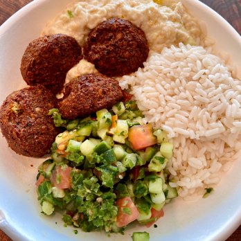 FelFel Mediterranean - Falafel bowl with white rice, baba ganoush, and spicy Mediterranean salad - Mediterranean Near Me - Denver, Colorado FelFel Mediterranean - Falafel bowl with white rice, baba ganoush, and spicy Mediterranean salad - Mediterranean Near Me - Denver, Colorado
