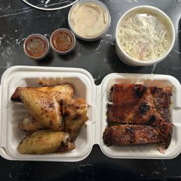 1/4 slab ribs, smoked wings, and creamy coleslaw.