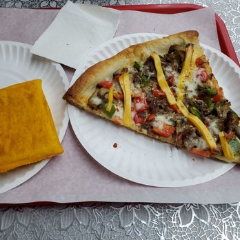 Sunset Pizza - a slice of cheeseburger pizza and a slice of cheesy bread - Pizza Near Me - Brooklyn, New York