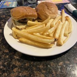 The Fillin Station Bar & Grill - 2 Wimpy Burgers with pickles, sautéed onions and cheese and a side of fries.