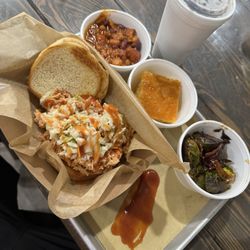 Chuck Wagons BBQ & Cheesteaks - Pulled chicken combo, brussel sprouts, beans and Carolina bbq sauce