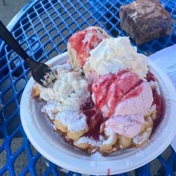 The Funnel House - Cookie Brownie Strawberry and Cookies and Cream Ice Cream Funnel Cake Sundae (Fundae) - Desserts Near Me - Long Beach, California The Funnel House - Cookie Brownie Strawberry and Cookies and Cream Ice Cream Funnel Cake Sundae (Fundae) - Desserts Near Me - Long Beach, California