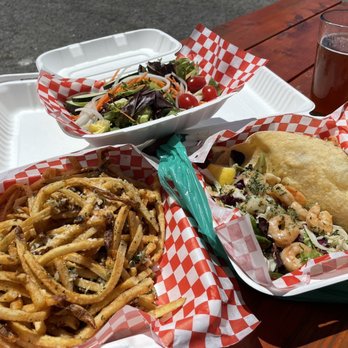 Barnacle Bistro - Fries, shrimp tacos and a salad! - American Near Me - Gold Beach, Oregon