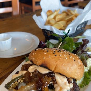 Mona's Burgers and Shakes - Diablo burger (well done) and a side of flat fries (the best) - Salad Near Me - Concord, California