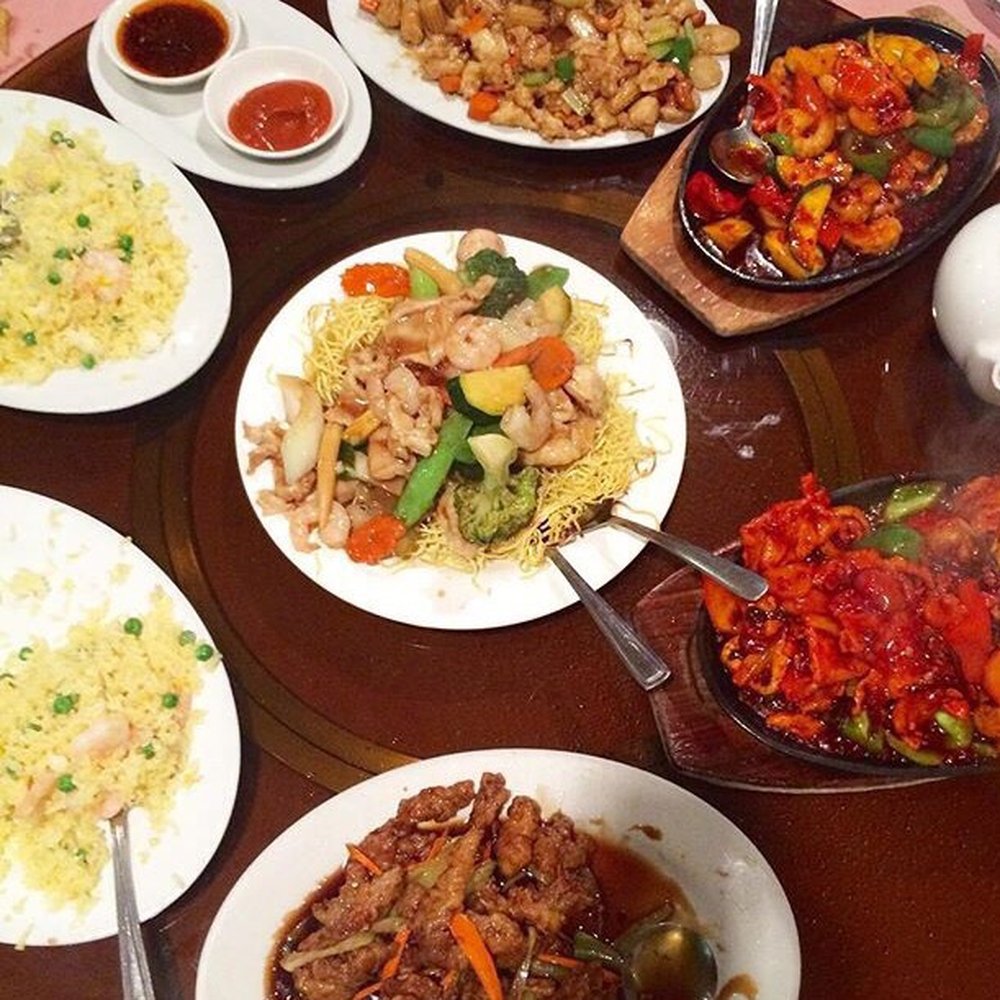 From the top - chicken cashew, sizzling plate shrimps, sizzling beef, Cantonese chowmein, ginger beef, shrimp fried rice