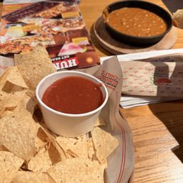 Chips, beef queso, and salsa