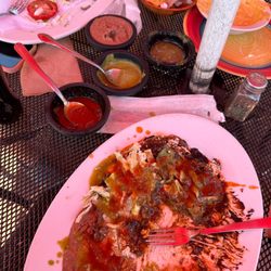 Hacienda Cuajimalpa - Mole enchiladas, steak tostada, queso dip, beans and rice. Red and green sauce are fire! Margaritas