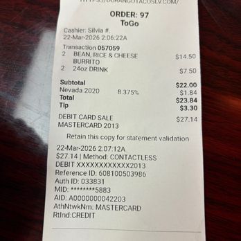 Durango Taco Shop - Receipt - Tacos Near Me - Las Vegas, Nevada