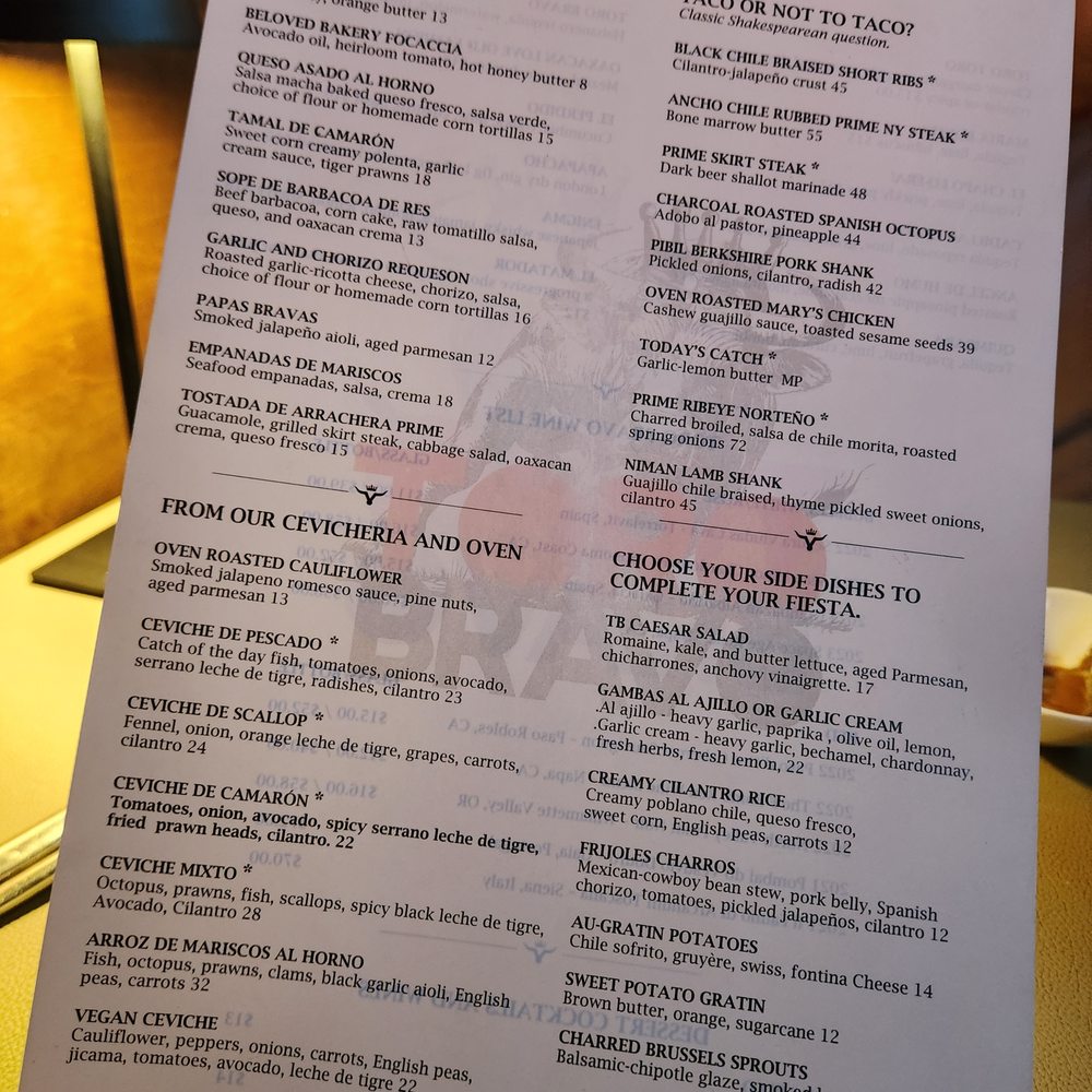 Toro Bravo - Obligatory menu pic - Steakhouses Near Me - Reno, Nevada Toro Bravo - Obligatory menu pic - Steakhouses Near Me - Reno, Nevada