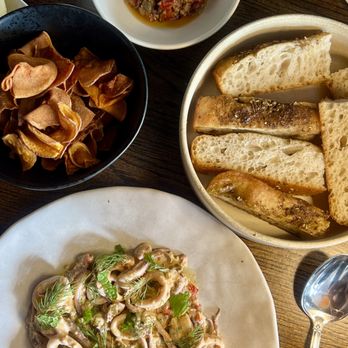 S S Dion - Squid salad with sweet potato chips, focaccia with olives and butter - Seafood Near Me - Bristol, Rhode Island