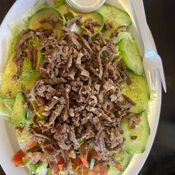 El Chulo Burgers - Carne Asada salad. Came with iceberg lettuce, cucumbers, avocado & pico. - Burgers Near Me - Rosamond, California