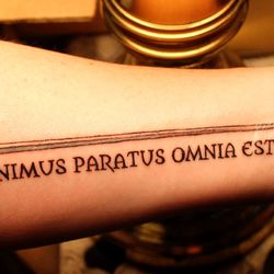 Inkpulsive - "The Readiness is All" - Quote from Hamlet, on my left forearm. Tattoo by Stacey Sharp.