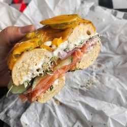 Inglorious Bagels & Coffee - Lox #7 Oy Vey! ($16.50): I chose the everything jalapeño bagel. Messy sandwich, but was gratifying, 8/10 rating.