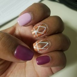 Gel Manicure- Matte top coat on thumb and pinky. Chrome plus design on middle and ring fingers.