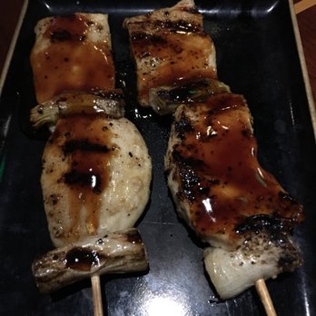 Hiro Maru Sushi - Chicken Yakitori...don't know how they prepared this but it looks awful. White meat had no color but the sauce on top of it. - Sushi Bars Near Me - Hollywood, Florida
