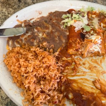 El Adobe Cafe - Cheese enchilada with onions, side of Rice & Beans - Mexican Near Me - Reno, Nevada