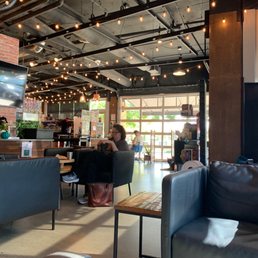 Taken from the back corner of the shop. The coffee bar in on the front left.