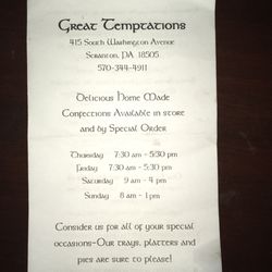 Great Temptations - Menu: hours