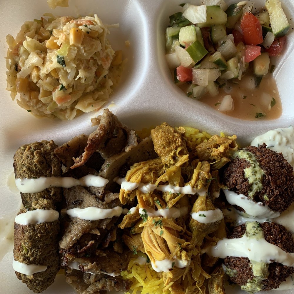 Rockin' Moroccan - Everything Platter. Slaw, salad, kefta, gyro, chicken, falafel. - Moroccan Near Me