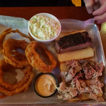 Shooters - Pick 2. Pulled pork and brisket with creamy coleslaw and onion rings. - Sports Bars Near Me - O'Fallon, Illinois