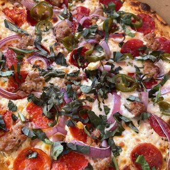 Burattino Brick Oven Pizza - Medium pizza white garlic sauce, pepperoni, Italian sausage, red onions, jalapeños, extra feta cheese and extra mozzarella. - Pizza Near Me - Carson, California Burattino Brick Oven Pizza - Medium pizza white garlic sauce, pepperoni, Italian sausage, red onions, jalapeños, extra feta cheese and extra mozzarella. - Pizza Near Me - Carson, California