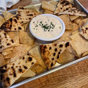 The Skybox Grill - a tray of pita chips and dip - Sports Bars Near Me - Collierville, Tennessee The Skybox Grill - a tray of pita chips and dip - Sports Bars Near Me - Collierville, Tennessee
