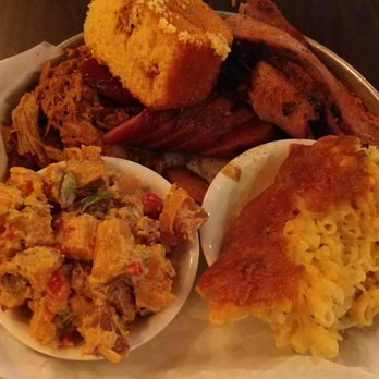 Blackstrap BBQ - Mac & cheese and Sweet potato salad with three meats at Blackstrap BBQ in Winthrop MA - Barbeque Near Me - Winthrop, Massachusetts