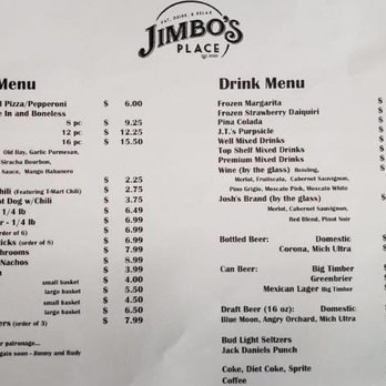 Jimbo’s Place - the menu for jimbo's place - Sports Bars Near Me - Elkins, West Virginia Jimbo’s Place - the menu for jimbo's place - Sports Bars Near Me - Elkins, West Virginia
