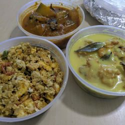 Ria's Indian Cafe - Specials today: Pumpkin sabji (top), kadhi pakoda (right), and Egg Bhurji (left)