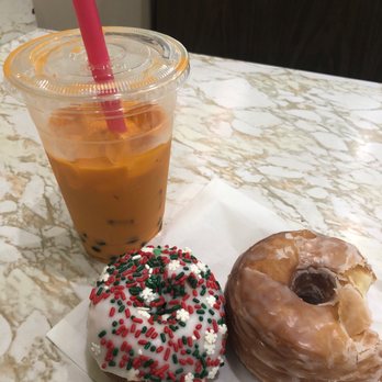 Boston Cream Donut - Thai iced tea with boba, and amazing donuts! The ham and cheese croissants didn't make it on the pic cause we devoured them - Donuts Near Me - Carson, California Boston Cream Donut - Thai iced tea with boba, and amazing donuts! The ham and cheese croissants didn't make it on the pic cause we devoured them - Donuts Near Me - Carson, California
