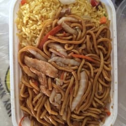 China Star - Chicken low mien and fried rice combination plate.