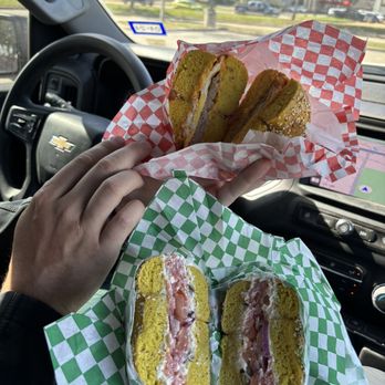 Bagel Bob's - Top: sausage egg and cheese Bottom: lox with everything - Delis Near Me - Houston, Texas Bagel Bob's - Top: sausage egg and cheese Bottom: lox with everything - Delis Near Me - Houston, Texas