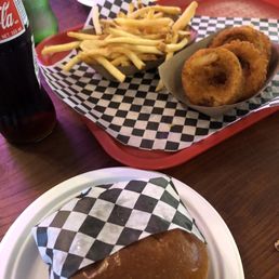 Tiki burger, onion rings, and fries